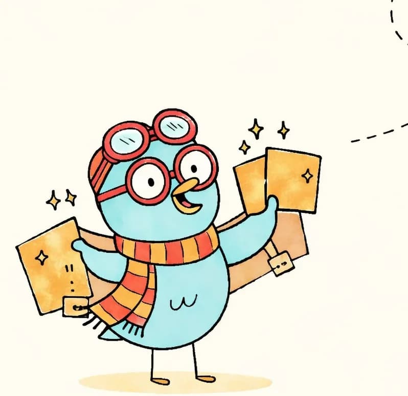 On the left side of the image, the Bird stands facing forward with homemade cardboard-and-tape wings outstretched, wearing red-framed glasses, an orange-and-red striped scarf, and aviator goggles pushed up on its head, holding up golden cards that sparkle in the sunlight. The Bird has a proud, beaming grin, as if showing off after a successful flight. A dashed curved line swoops across the upper right of the image, suggesting the flight path the Bird just took. The background is a warm golden-yellow wash, with the right side left as plain open space.