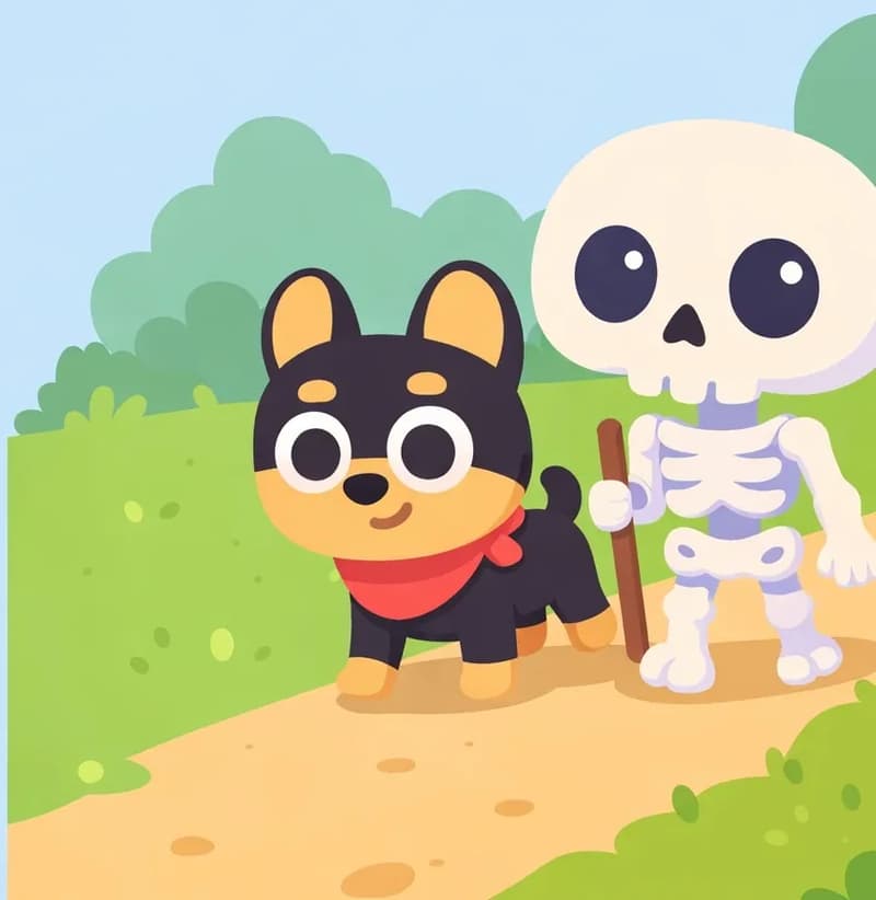 On the right side of the image, Skel stands facing forward in a grassy outdoor field, holding a walking stick at his side, while Bones trots alongside him slightly to the left on all fours, wearing his bright red bandana around his neck. Both move together through the green landscape along a dirt path. The scene is set during daytime with bright lighting, with trees visible in the background. Bones stays close to Skel, alert and content at his side.