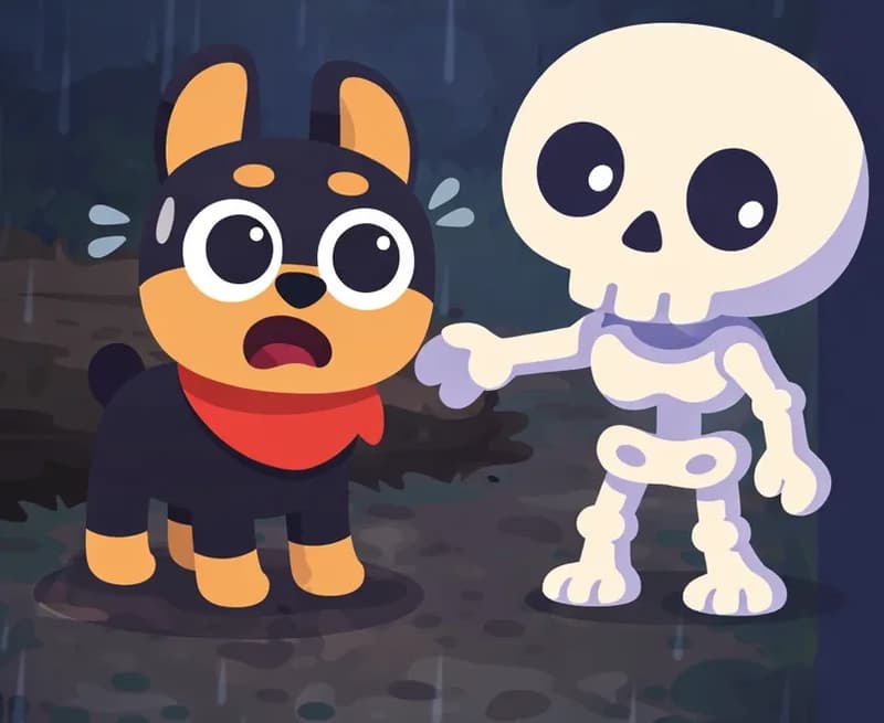On the left side of the image, Bones stands on all fours facing the viewer with a wide-eyed, terrified expression, wearing his bright red bandana, positioned on a muddy path beside a large fallen tree trunk. His body is tense and frozen in place. Skel stands slightly behind Bones on the right, looking concerned and reaching a hand toward him. The scene is outdoors at night during a storm, with dark, ominous lighting and rain streaks visible against a dense wooded background.