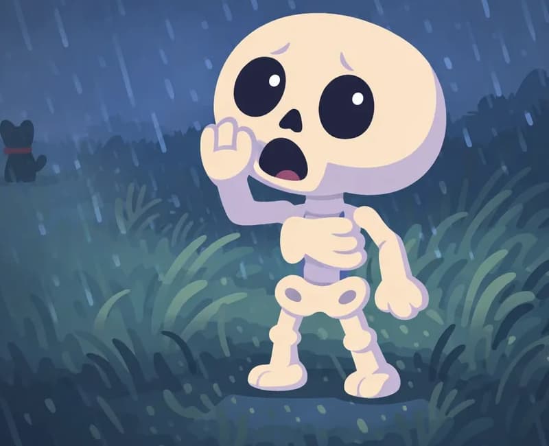 On the right side of the image, Skel stands alone in a rainy open field of tall grass, facing forward with a distressed, calling-out expression, one hand cupped near his mouth. Rain pours down from a dark stormy sky, and wind whips the grass around him. In the far distance on the left, a small dark shape of Bones is barely visible vanishing into the storm, just a silhouette disappearing into the rain and darkness. The left side of the image is mostly dark stormy background suitable for text overlay.