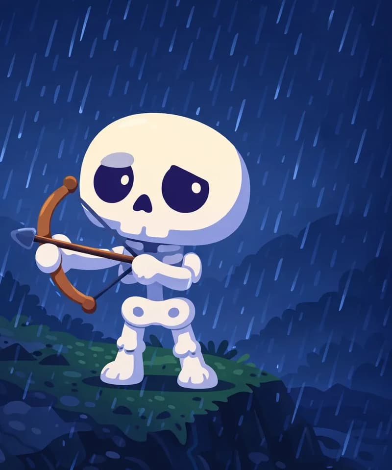 Skel stands on the left side of the image on a grassy hillside, facing forward with a weary, determined expression. The scene is set outdoors late at night during a heavy rainstorm, with diagonal rain streaking across a dark blue-gray sky and shadowy hills visible in the background. Slippery rocks and a dark ditch are faintly visible on the terrain. Skel appears small and alone against the vast, stormy landscape, conveying the exhaustion of searching for hours.