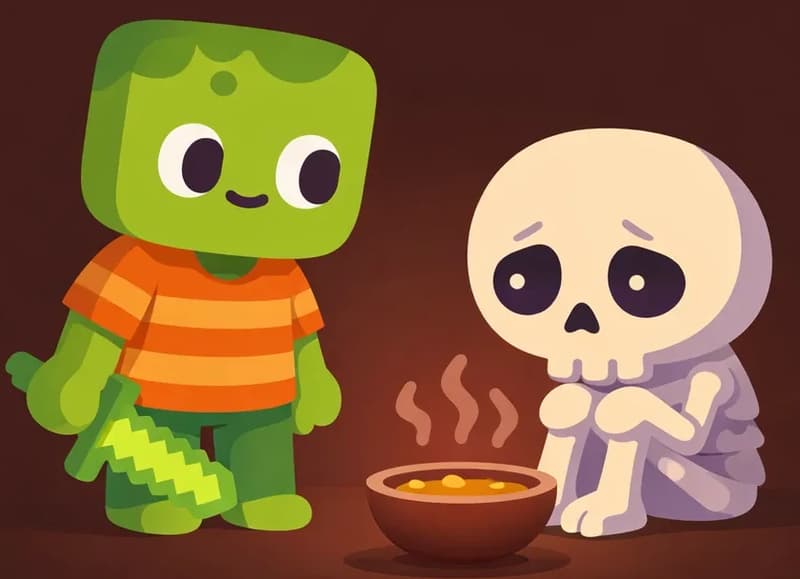 On the right side of the image, Skel sits hunched on the floor with a subdued, worried expression, staring blankly at a bowl of hot food in front of him. On the left, Zom stands nearby facing Skel, having just brought the food, looking at his friend with quiet concern. The scene is set indoors in a dimly lit room with warm but low lighting and deep brown tones, reflecting the somber mood. The atmosphere feels heavy, with Skel's worry filling the small space.