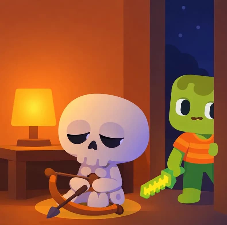 On the left side of the image, Skel sits alone in the warm glow of the house interior, eyes half-closed with a tired, drained expression, finally able to rest. On the right side, Zom is visible near a doorway heading out into the dark night, glancing back toward Skel with a determined look before going to search for Bones. The scene is set indoors with warm amber lighting from a lamp or fire, contrasting with the cold dark visible through the open door. The right side transitions to dark background suitable for text overlay.