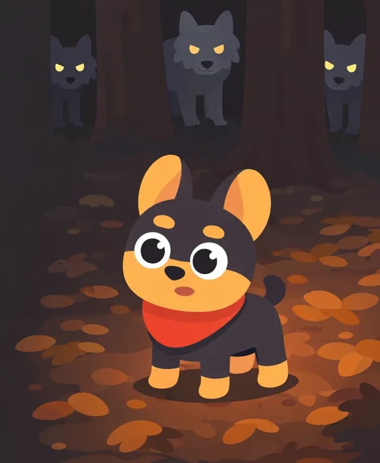 On the right side of the image, Bones stands on all fours on a forest floor covered in fallen leaves, wearing his bright red bandana, looking cautious and wary with wide eyes as he notices a pack of wolves watching him from between the tall tree trunks. The scene is set in a dark, dense forest with dim lighting. Three wolves stand among the trees on the far right, partially hidden, their eyes glinting as they observe Bones. The left side of the image is a plain dark background area clear of characters.