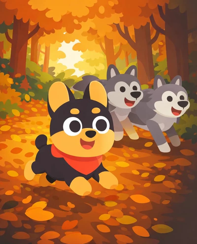 On the left side of the image, Bones runs on all fours through a forest floor covered in autumn leaves, wearing his bright red bandana, with an alert, thrilled expression as he hunts alongside the wolf pack. Two wolves run beside him through the woodland setting, with tall trees and autumn foliage overhead and dappled light filtering through the canopy. Bones moves with confidence and energy, fully part of the pack. The right side of the image is a dark, shadowy area of forest background suitable for text overlay.