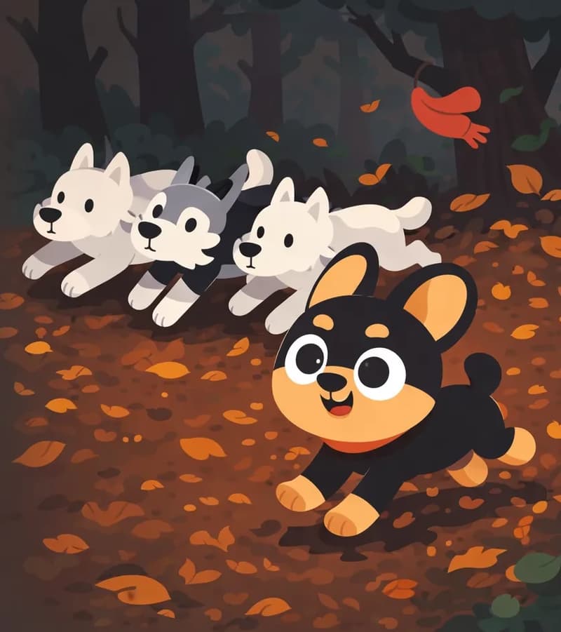 On the right side of the image, Bones runs energetically on all fours across a forest floor covered in fallen autumn leaves, with no red bandana — his neck is bare. Several wolves run alongside him through the wooded outdoor setting, which is dimly lit under a canopy of dark trees. Autumn leaves scatter behind the running pack. A bright red bandana lies discarded on the ground behind the group, snagged on a low branch. Bones appears determined and free-spirited, fully in stride with the wolves.
