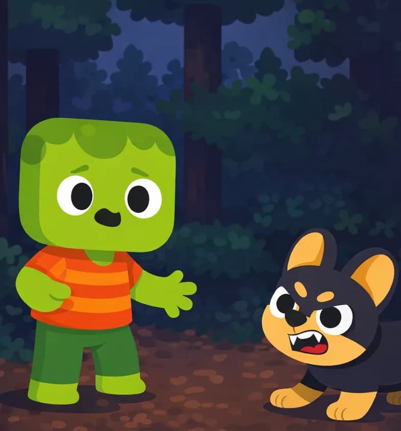 On the left side of the image, Zom stands in a forest clearing, facing Bones with his arms slightly out and one hand extended, approaching cautiously with a hopeful but worried expression. Bones is on all fours directly in front of Zom in a low, defensive crouch, baring his teeth in a growl with a fierce, wild look in his eyes — no red bandana around his neck. The scene is set outdoors in a dense forest with tall trees and leaf-covered ground, under dim, dusky lighting. The right side of the image is open dark background suitable for text overlay.