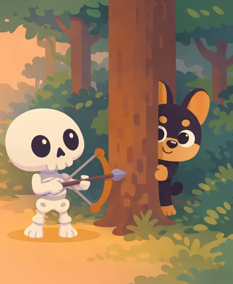 On the right side of the image, Skel stands facing toward a large tree trunk, having just arrived in the forest, with a hopeful, emotional expression. Bones peeks out from behind the tree on the far right, partially visible on all fours with a cautious but softening expression, no red bandana around his neck. Their eyes meet across the short distance. The scene is set outdoors in a forest clearing at dusk, with green foliage, tall trees, and warm light filtering through the canopy. The left side of the image is open background suitable for text overlay.