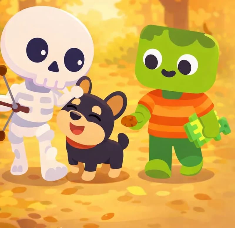 On the left side of the image, Skel walks forward along a leaf-covered forest path with a happy, laughing expression, one hand scratching Bones behind the ears. Bones walks beside him on all fours, staying close, looking up at Skel with a joyful, nuzzling expression — no red bandana around his neck. Zom stands slightly behind them, smiling warmly and holding out a treat toward Bones. Warm autumn light filters through the canopy of tall trees, casting a golden glow on the trio as they head home together. The right side of the image is a softly blurred autumn background suitable for text overlay.