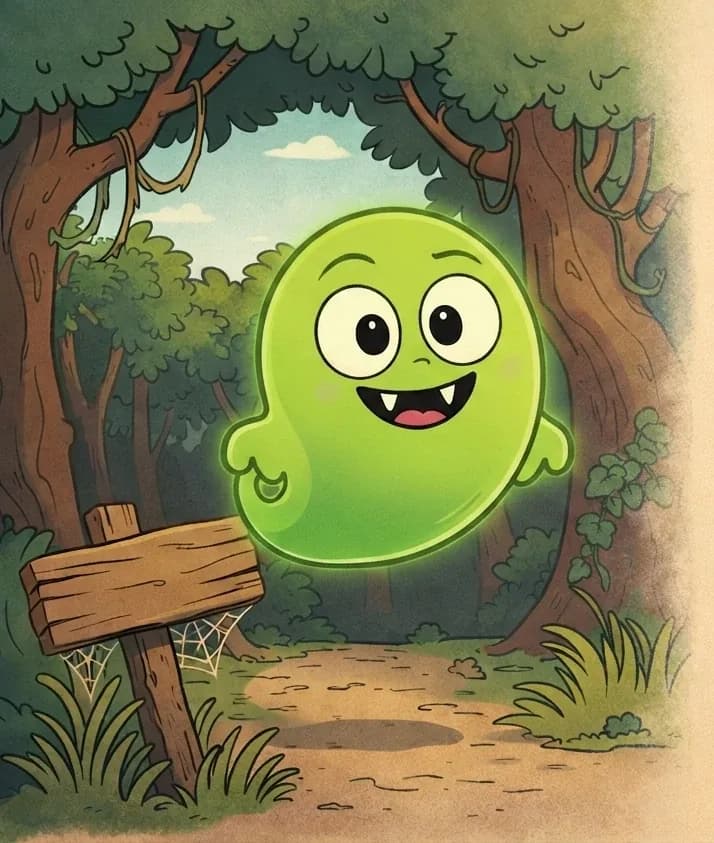 Gad is floating on the left side of the image beside a wooden signpost at the entrance to a dense, spooky forest. Gad is a small, round, translucent green ghost with a friendly, slightly mischievous smile with small fangs showing, and wide eyes looking directly at the viewer as if greeting them. The scene is set outdoors during daytime, with tall twisted trees forming a canopy overhead, ivy climbing the trunks, tall grass along a dirt path, and a cobweb on the signpost. The right side of the image is plain background, leaving space for text.