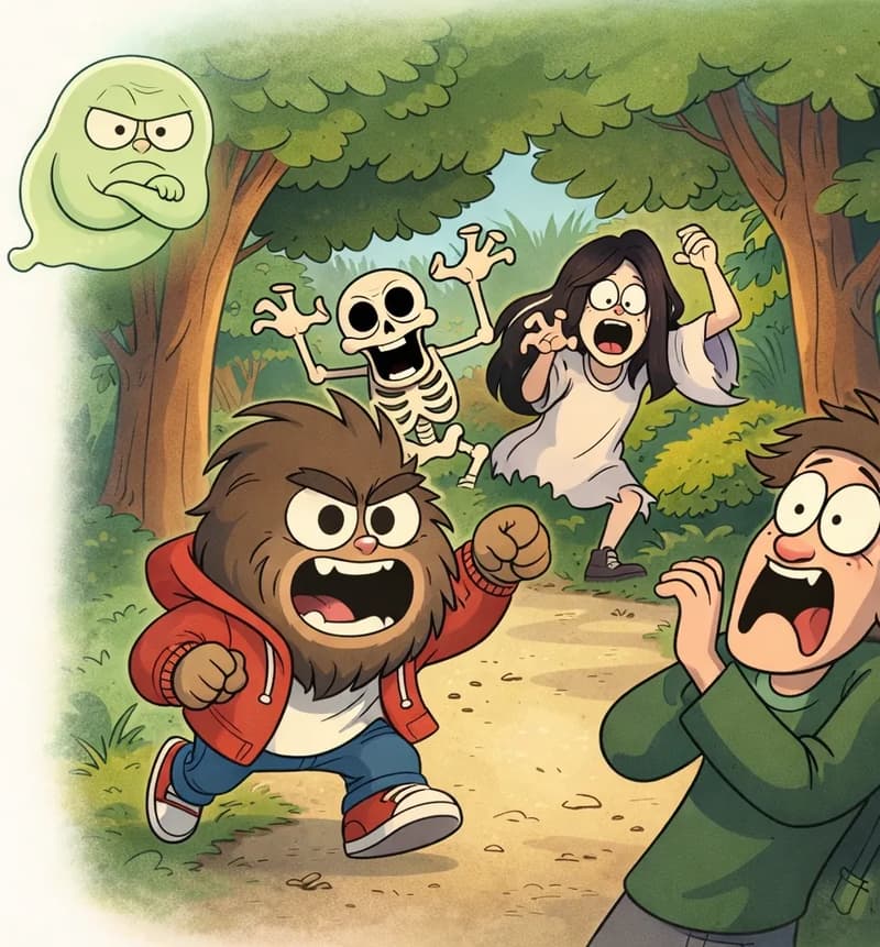 On the right side of the image, set in a dense woodland clearing, three monsters are leaping out from behind trees to scare a passerby on a path. A large, furry creature lunges forward with a mischievous grin, mouth open wide, growling. Behind it, a bony skeleton stands with arms raised in a spooky pose, and a ghostly figure with a pale complexion and long dark hair lurches forward with outstretched hands. A frightened passerby recoils on the right edge of the scene. In the upper-left corner, Gad — a small round translucent green ghost — floats in the background observing the scene with a disapproving frown, distancing himself from the scary monsters. The left ~40% of the image is plain white background.