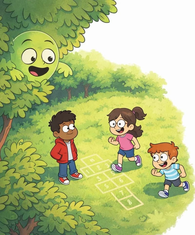 On the left side of the image, Gad — a small round translucent green ghost — peeks out from behind leafy treetops with wide, curious eyes and a surprised, excited expression, looking down from above at a park below. The scene is shown from a bird's-eye view framed by green tree canopy, where the kids are seen from above playing on a grassy field — the dark-skinned boy in a red hoodie, the girl with glasses in a pink top, and the smaller boy in a blue-and-white striped shirt — some running and some standing together near a hopscotch court. The outdoor setting is bright and sunny, with lush green trees surrounding the open play area. The right ~40% of the image is plain white background.