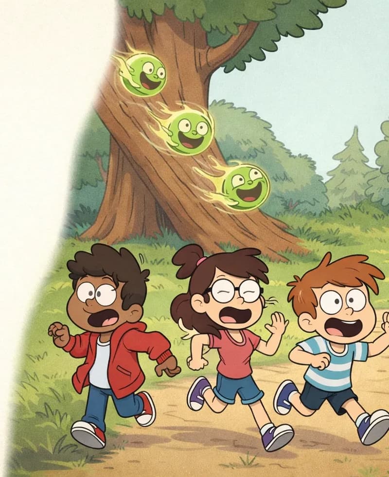 On the right side of the image, Gad — a small, round, translucent green ghost with a friendly smiling expression — is shown in a sequence floating down from a large tree, bouncing and tumbling along the big trunk toward the ground. On the lower right and middle-right, the three kids are running away in fear across a grassy outdoor park — the dark-skinned boy in a red hoodie, the girl with glasses in a pink top, and the smaller boy in a blue-and-white striped shirt — their mouths open and arms flailing in panic. One kid in the lower right foreground looks back over their shoulder with a shocked, wide-eyed expression. The scene is set outdoors in a sunny, grassy park with large trees and a dirt path.