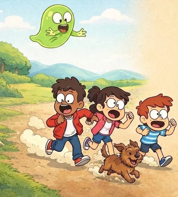 On the left side of the image, Gad — a small round translucent green ghost — floats near the bottom-left corner with an eager, outstretched pose as if calling out to the kids. The three kids are scattered across the left and center of the scene, running away from Gad at full speed with terrified expressions, kicking up dust clouds behind them as they flee along a dirt path — the dark-skinned boy in a red hoodie leads the group, the girl with glasses in a pink top sprints beside him, and the smaller boy in a blue-and-white striped shirt trails behind. A small dog sprints right alongside the kids in the middle of the scene. The setting is an outdoor suburban area with green grass, low bushes, and gentle hills with mountains in the distant background under a bright daytime sky. The right ~40% of the image is plain beige/tan background.