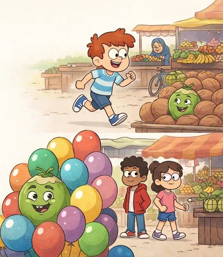On the right side of the image, the scene is split into two moments at an outdoor farmers' market. In the upper-right, Gad is disguised as a green coconut sitting atop a pile of coconuts at a market stall, with his ghostly face barely visible, looking nervous. The smaller boy in a blue-and-white striped shirt runs right past the coconut pile without noticing. In the lower-right, Gad is disguised as a green balloon among a large colorful cluster of balloons at a stall, peeking out with a cheeky grin and green face visible between the balloons. The girl with glasses in a pink top and the dark-skinned boy in a red hoodie stand in the background near fruit stalls, looking around warily. Market stalls with bananas, fruits, and piles of coconuts line the right side, with a bicycle parked against one stall. A vendor sits behind one of the stalls. The left ~40% of the image is plain white background.