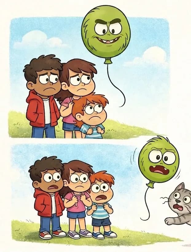 On the left side of the image, Gad floats as a green balloon with a friendly smiling face above the kids, who are huddled together on a grassy hill looking anxious and uneasy — the dark-skinned boy in a red hoodie, the girl with glasses in a pink top, and the smaller boy in a blue-and-white striped shirt stand close together. Below, in a second vignette, the kids stand clustered together with worried expressions while Cat — a small, round-bodied gray tabby cat with white muzzle and pink nose — leaps toward Gad-balloon with claws extended and back legs flexed in a powerful spring. Gad-balloon now has a scared, wide-eyed expression. The scene is set outdoors on a bright day with a clear blue sky. The right side of the image is plain white background.