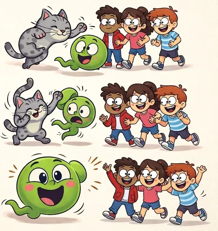 On the right side of the image, a comic-strip sequence of three rows shows the action unfolding. In the top row, Cat — a small round-bodied gray tabby with white muzzle — pounces and swats at Gad-balloon with boxing paws, while Gad squishes and bends flexibly to dodge, and the kids huddle together watching with wide eyes. In the middle row, Cat leaps and flops about energetically as Gad stretches into silly shapes and pulls funny faces, with the kids starting to grin and giggle. In the bottom row, Gad makes a big, goofy face close-up with rosy cheeks and a wide smile, while the three kids — the dark-skinned boy in a red hoodie, the girl with glasses in a pink top, and the smaller boy in a blue-and-white striped shirt — jump and cheer with their arms up, laughing joyfully, one of them saying 'You're not a scary ghost after all!' The left ~40% of the image is plain white background.