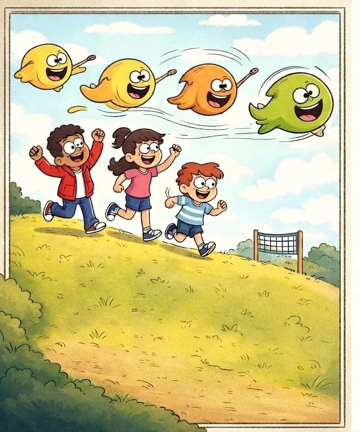 On the left side of the image, Gad is shown in multiple poses — whizzing through the air as a small round shape-shifting ghost, changing colors and sizes, with a cheerful grinning expression, looping and zooming around the kids on a grassy hillside. In the upper left, the three kids — the dark-skinned boy in a red hoodie, the girl with glasses in a pink top, and the smaller boy in a blue-and-white striped shirt — are running and jumping with arms raised, laughing and chasing after Gad as he zips about. In the lower left foreground, the kids lead Gad up the hill toward a volleyball area visible in the distance, and Gad's expression shifts — his green complexion turns a darker, worried shade of green as he realizes where they are heading. The scene is set outdoors on a sunny day with fluffy white clouds and a bright sky behind the rolling green-gold hill. The right ~40% of the image is plain white background.