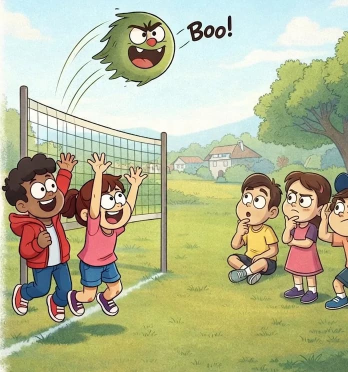 On the right side of the image, the kids are split into two teams facing each other across a volleyball net on a grassy field. On one side, the three known kids — the dark-skinned boy in a red hoodie, the girl with glasses in a pink top, and the smaller boy in a blue-and-white striped shirt — are jumping and reaching with excited, laughing expressions, in on the secret. The opposing team of unfamiliar kids reacts with shock and horror, their faces turning white as sheets. Gad is flying through the air between the two teams as the volleyball, shown mid-arc as a round green ghost-ball with a mischievous grin shouting 'Boo!', motion lines trailing behind him. The scene is set outdoors on a sunny day in a suburban neighborhood park with a volleyball net, mowed grass, leafy deciduous trees, and houses visible in the background. The left ~40% of the image is plain white background.