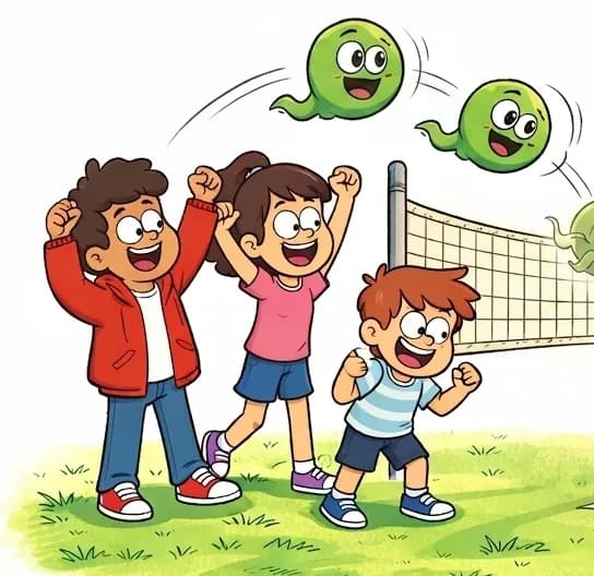 On the left side of the image, a dynamic volleyball scene unfolds on a bright green grassy field with a net. Gad — the round green ghost-ball — bounces wildly in unpredictable arcs with motion lines, shown in multiple positions: phasing straight through one opponent's outstretched hands, bouncing the opposite direction from a serve, and flying off at a crazy angle after a hit, with every flexion of his ghostly body sending him in a new direction. The opposing team kids are exhausted and defeated — some bent over panting, some flopping onto the grass, completely taxed from trying to hit a ghost ball. On the left side of the net, the three known kids — the dark-skinned boy in a red hoodie, the girl with glasses in a pink top, and the smaller boy in a blue-and-white striped shirt — celebrate with fists pumping and huge grins, clearly the winners. The right ~40% of the image is plain white background.