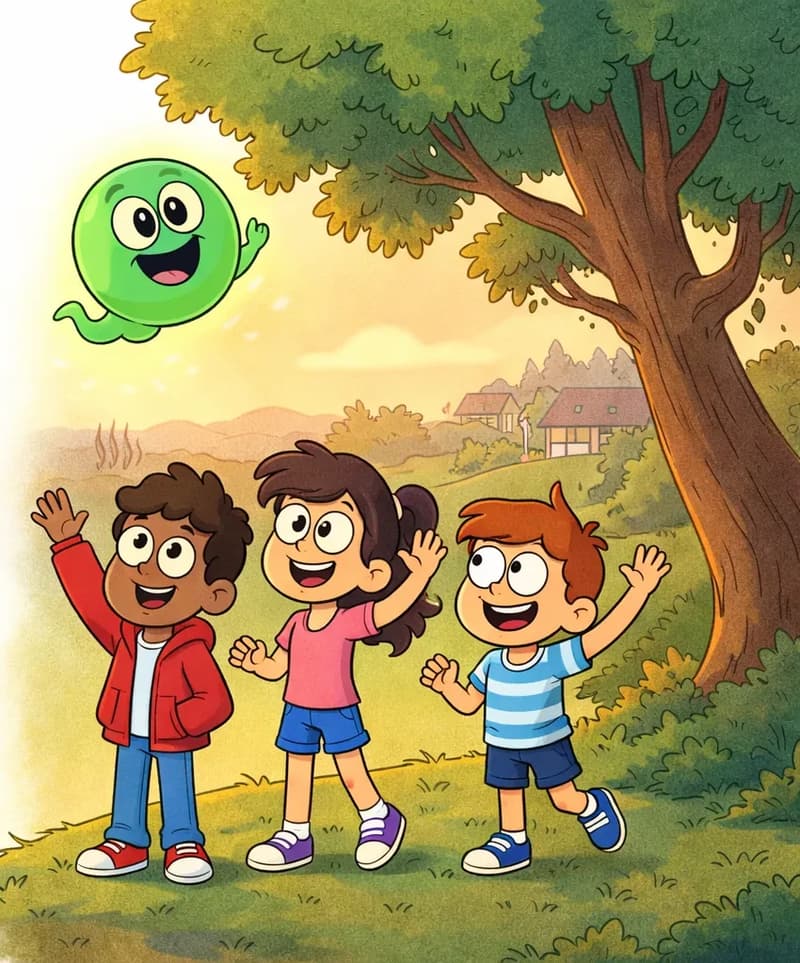 On the right side of the image, the three kids — the dark-skinned boy in a red hoodie, the girl with glasses in a pink top, and the smaller boy in a blue-and-white striped shirt — stand together on a grassy hillock beside a large tree at golden-hour sunset, all with big warm smiles. Gad — a small round translucent green ghost — floats happily among them at their height, glowing softly, with a wide joyful grin, clearly part of the group now. The kids wave goodbye to Gad as he begins to float upward toward the treetops, heading back toward the forest in the distance. The scene is set outdoors in warm late-afternoon light with a lush green tree as the focal point, the park and suburban houses visible in the background, and the left side left as plain white background.