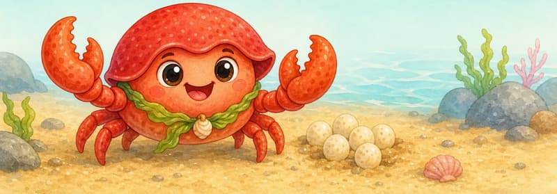 Introduce Camilo. Show him in a clear, friendly pose on the seabed near the water's edge, with a few small egg shapes nearby in the sand to nod to "nacen de huevos." His shell should be clearly visible. Mood: cheerful, welcoming.