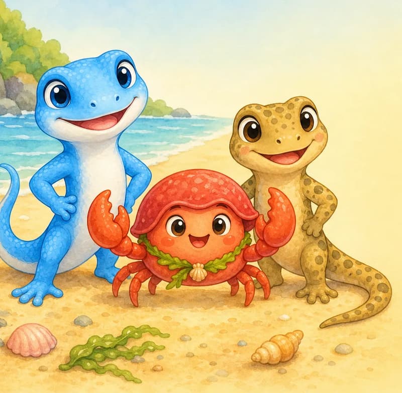 A friendly group portrait: Camilo in the middle on warm sand, Luisa to one side, Gustavo to the other, all three smiling and turned toward the viewer. Setting: sunny shoreline. Mood: friendly trio, introduction of the friends.