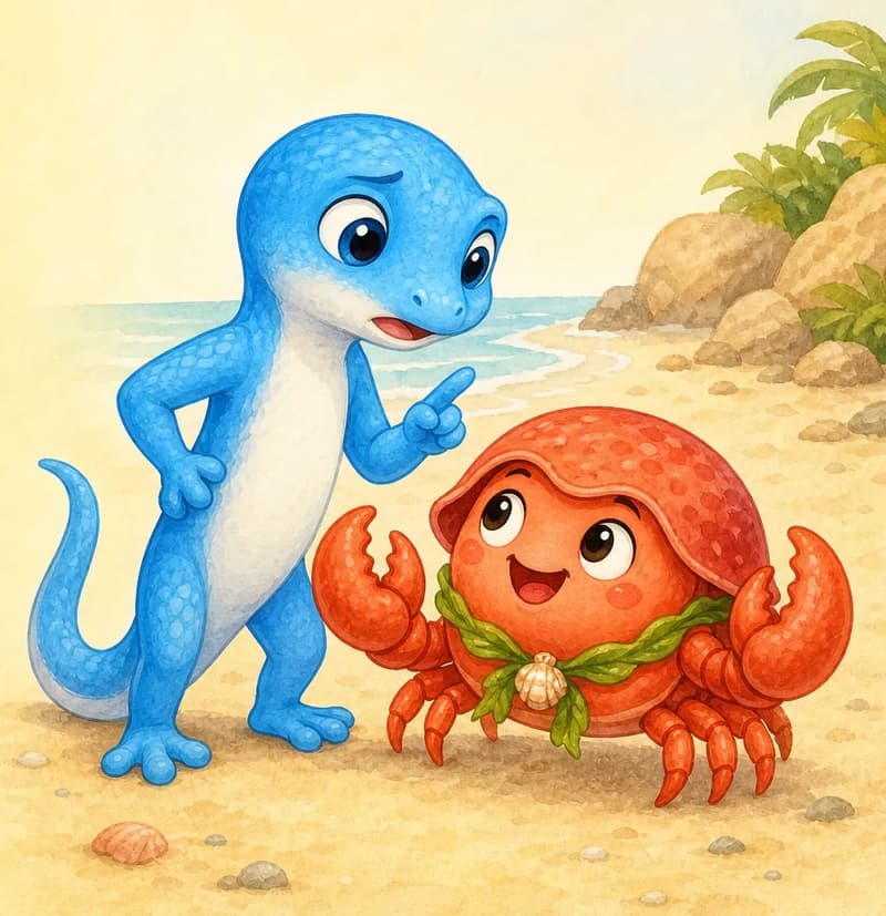 Luisa stands close to Camilo, head tilted with a concerned, scolding expression. Camilo looks back at her with a confident, carefree smile, completely unworried. Setting: sandy beach. Mood: caring scolding paired with playful confidence.