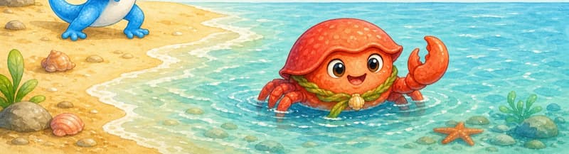 Camilo waddles confidently into the sea by himself, partly submerged in shallow water; Luisa stands on the sand at the shore behind him, looking after him with a worried expression. Mood: independence and worry.