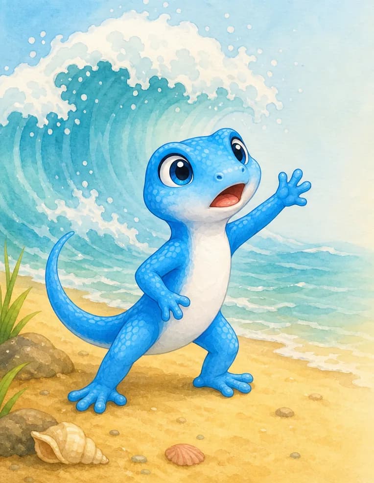 Luisa stands on the shore, one front foot lifted, calling out toward the sea with a worried but caring expression. Tall waves rise behind her in the background — but the waves should be a simple, single visual element, not crowding the scene. Camilo is not visible in this frame. Mood: protective concern.