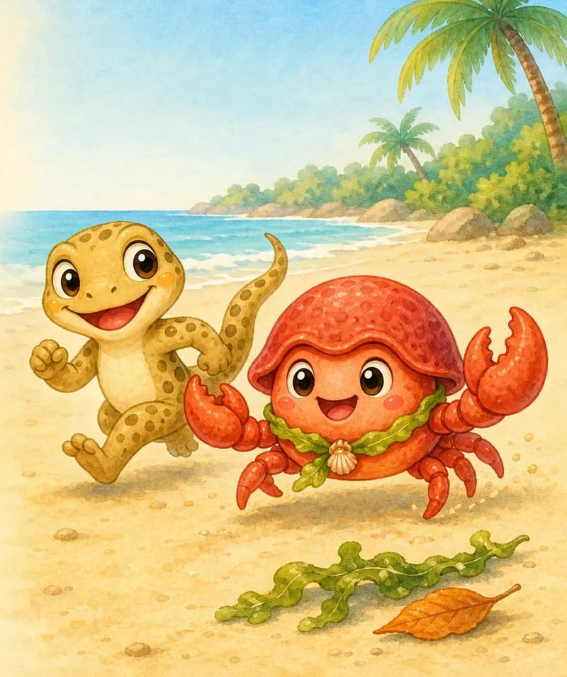 Gustavo and Camilo trotting together along a sunny beach, mid-race with happy expressions. A small bit of seaweed and a leaf can be visible on the sand as they pass. Mood: cheerful, energetic friendship.