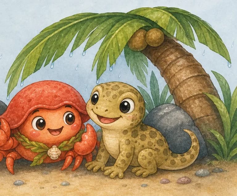 Camilo and Gustavo huddled together under the leaning leaves of a palm tree, with one or two large rocks beside them. A few raindrops fall and the palm leaves bend slightly in the wind. Mood: cozy shelter from the storm.