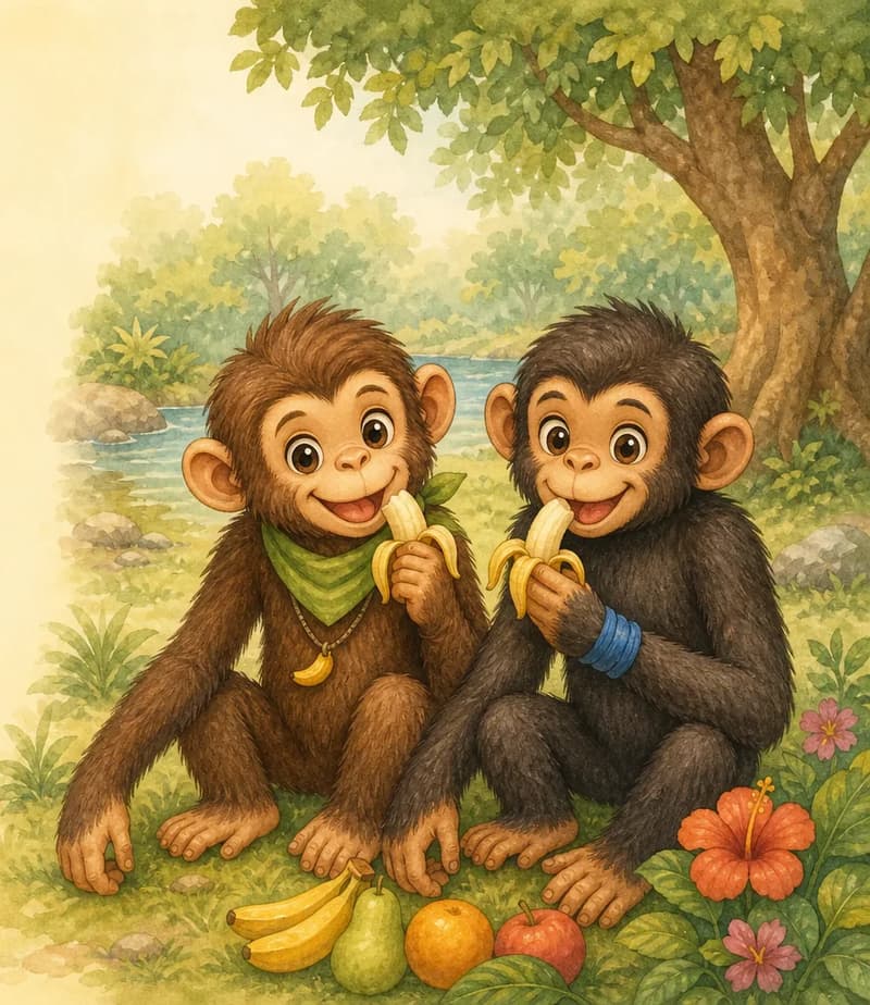 Introduce both brothers. Chepito and Checho sit or stand together in the nature park, each happily munching on a piece of fruit (banana or similar). Their long arms are clearly visible. Mood: warm introduction of the brothers; cheerful, hungry expressions.