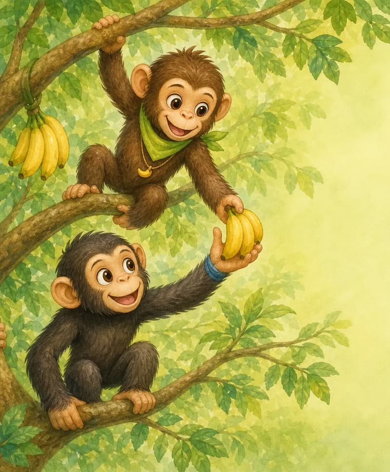 Chepito and Checho are up in the branches of a tree, working together as a team — one passes a piece of fruit (or a bunch of bananas) to the other, both clearly using their long arms to swing and grip the branches. Some leaves and a small bunch of bananas visible. Mood: playful teamwork.