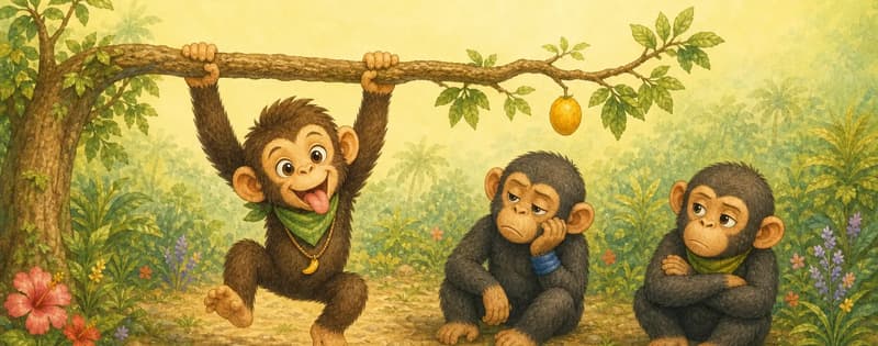 Chepito hangs upside down from a tree branch by his long arms, making a silly face and waving his free hand in a prank-like gesture, while one or two unnamed chimpanzees stand nearby with mildly tired or unimpressed expressions. A piece of fruit hangs from another branch. Mood: cheeky humor mixed with the friends' fatigue.