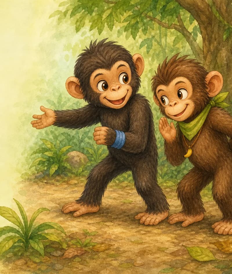 Checho stands in a friendly tag-playing pose, smiling and gesturing to Chepito to play. Chepito stands close to him with a sly, mischievous grin and a hand half-raised behind his back, as if planning a prank. Setting: forest floor in the nature park. Mood: brotherly play with mischievous tension.