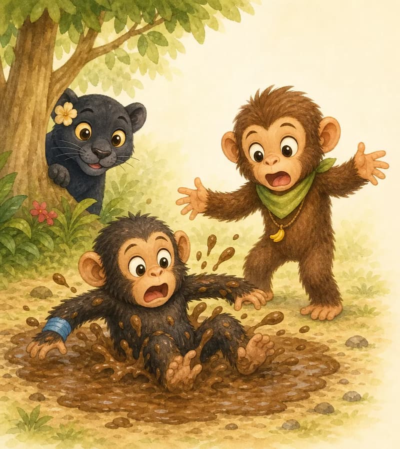 Checho has just fallen into a small mud puddle, splashing brown mud around him, with a startled expression. Chepito stands beside the puddle, arms outstretched, mouth wide open in alarmed surprise. Just at the edge of the scene, China the panther is partly visible, peeking out from behind a tree or shrub — her presence is felt but not threatening in a graphic way. Mood: sudden, startled, child-appropriate scare.