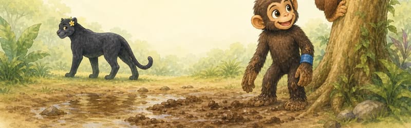 Chepito has pulled Checho out of the mud puddle and is climbing partway up the trunk of a nearby tree using his long arms, with Checho safe beside him. In the background or off to one side, China the panther is walking away, leaving the area. Mood: relief and rescue.