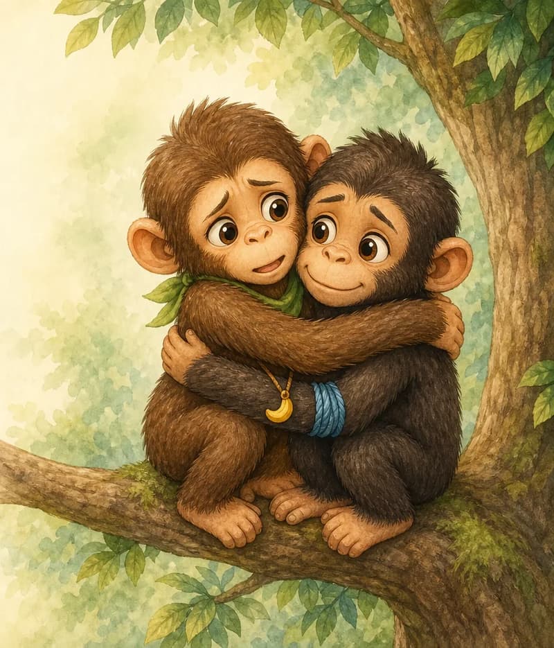 Chepito hugs Checho tightly, his long arms wrapped around his brother. Both faces show emotion — Chepito apologetic and shaken, Checho understanding. Setting: safe on a tree branch or sturdy spot in the forest. Mood: sincere, brotherly apology.
