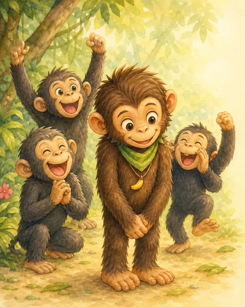 Chepito stands proudly and humbly in the centre, head slightly bowed, with a calm, careful expression on his face. Two or three unnamed chimpanzees around him are whistling and cheering with joy — happy expressions, arms raised. Mood: warm, redemptive, celebratory closing page.