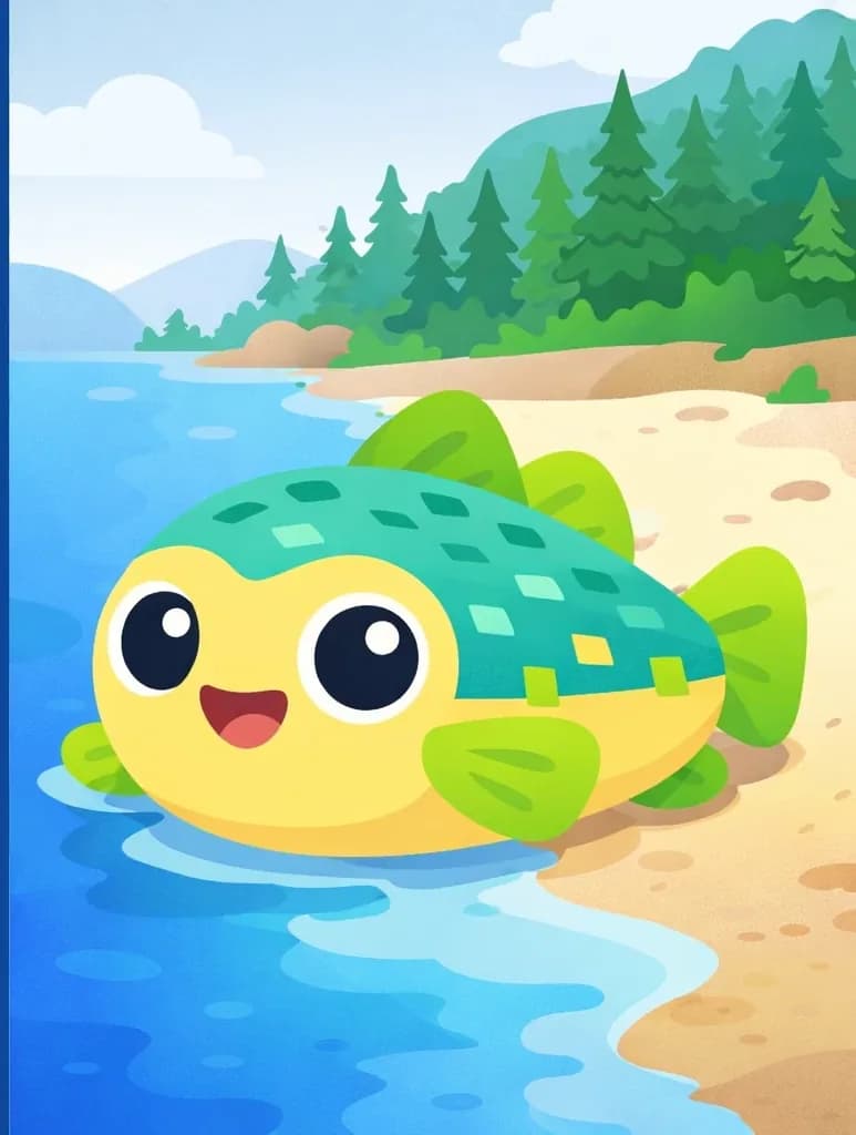 On the right side of the image, a large Cod rests on a sandy shoreline or shallow water's edge. Cod has a round, chubby body with a pale yellow underbelly transitioning into a green-and-teal patterned back with small rectangular spot markings, large round black eyes with white highlights, a small open pink mouth, and lime-green fins with subtle line detailing. The scene shows a coastal environment with evergreen trees and forested hills in the background under an overcast sky. The left side of the image is dominated by deep blue water, providing a clear plain area for text overlay.