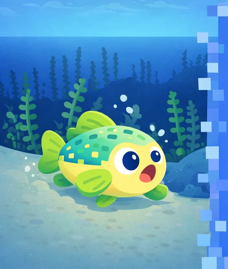 On the left side of the image, Cod is positioned on the sandy ocean floor, facing toward the viewer at a three-quarter angle with a wary, alert expression, appearing to dart away toward a hiding spot near kelp. Cod has a round, chubby body with a pale yellow underbelly, green-and-teal patterned back with small rectangular spot markings, large round black eyes with white highlights, and lime-green fins. The underwater scene features green kelp and seaweed rising from the sandy bottom in the background, with deep blue open water stretching into the distance under a faintly lit sky visible above the waterline. The right side of the image is occupied by a blue-toned text overlay panel with a decorative pixelated border, leaving clear space for text.