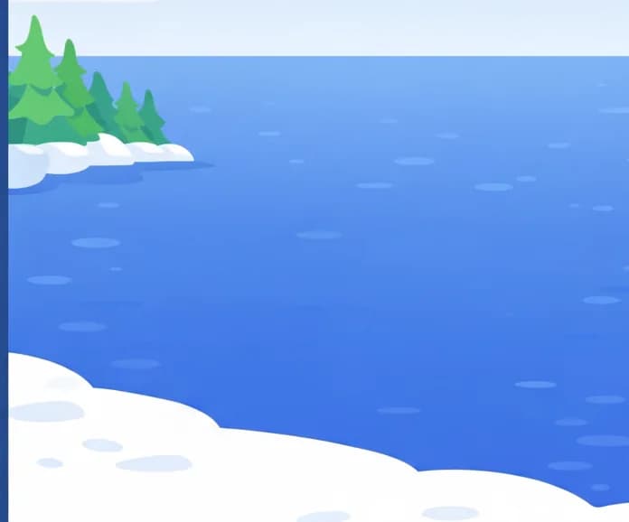 On the right side of the image, a vast ocean stretches out to the horizon, empty and mysterious. The scene is set outdoors during daytime with an overcast sky, evergreen trees lining a snowy or sandy shoreline in the background. No fishing rod, net, or tools are visible anywhere in the scene, emphasizing the lack of equipment. The left side is dominated by a large dark blue overlay area for text.