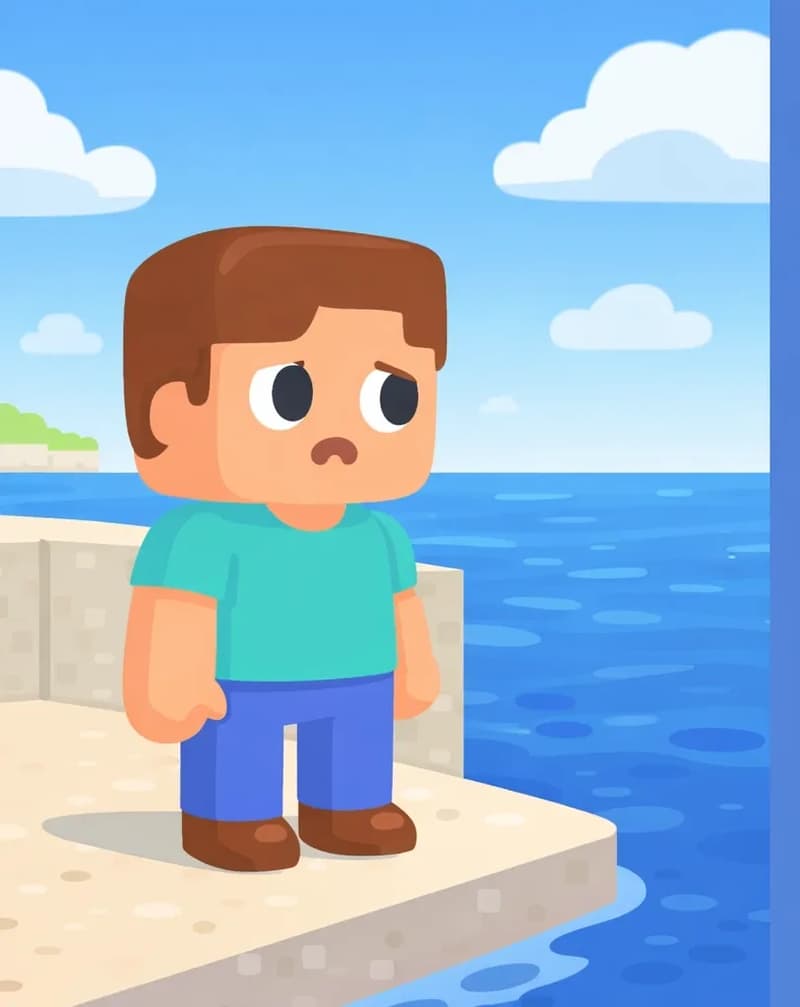 Steve stands on the left side of the image on a sandy shore beside a large body of deep blue water, facing toward the viewer at a three-quarter angle with a thoughtful, slightly frustrated expression and his arms at his sides. He has a large square head, short brown hair parted to the side, light peach skin, large round dark-blue eyes, and a small mouth. He wears a teal/cyan short-sleeve t-shirt, blue pants, and dark brown shoes. He has no fishing rod or net, and the scene conveys his dilemma of wanting to catch fish without the right tools. The setting is outdoors on a bright, sunny day with a clear blue sky and scattered white clouds, with a low stone wall running behind him along the waterfront.