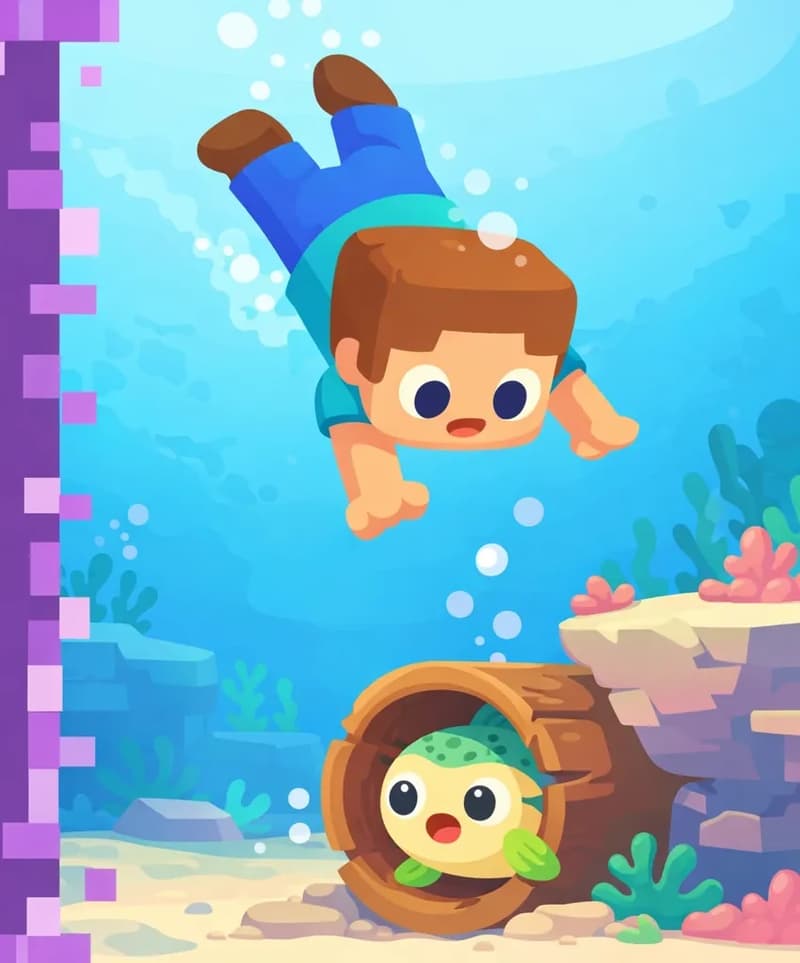 On the right side of the image, Steve is diving headfirst downward into clear blue underwater waters, arms outstretched with a determined pose. He has a large square head, short brown hair, light peach skin, and wears a teal/cyan short-sleeve t-shirt, blue pants, and dark brown shoes. The underwater scene shows coral, rocky ledges, aquatic plants, and a hollow log resting on the ocean floor below. Cod is partially visible peeking out from inside the log with a startled expression, having darted inside after feeling Steve's splash. Cod has a round chubby body with a pale yellow underbelly, green-and-teal patterned back, and large round black eyes. The left ~40% of the image is a plain purple rectangle for text overlay with a pixelated border.