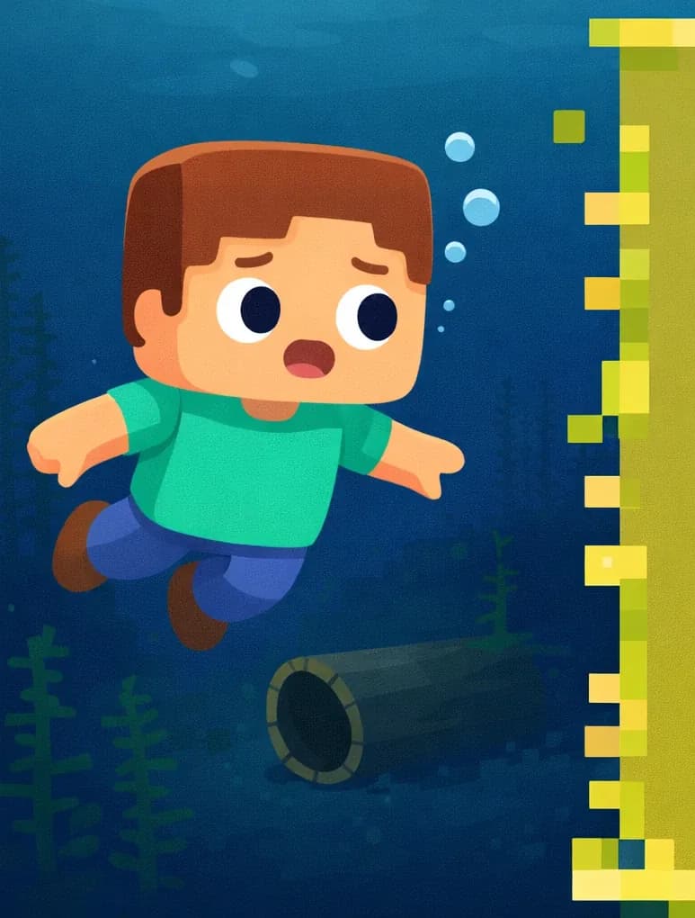 On the left side of the image, the scene shows a deep, dark underwater environment. Dark blue water stretches out into the murky distance. Tall kelp and underwater vegetation rise from the dark ocean floor. A hollow wooden log rests near the center-left on the seafloor, visibly empty — the cod is no longer inside. Steve swims in the mid-ground, facing toward the viewer with a puzzled, searching expression, peering around the dark water. He has a large square head, short brown hair, light peach skin, and wears a teal/cyan short-sleeve t-shirt, blue pants, and dark brown shoes. The right side of the image is dominated by a large olive/yellow-green pixelated overlay panel, leaving that area as a plain background for text.
