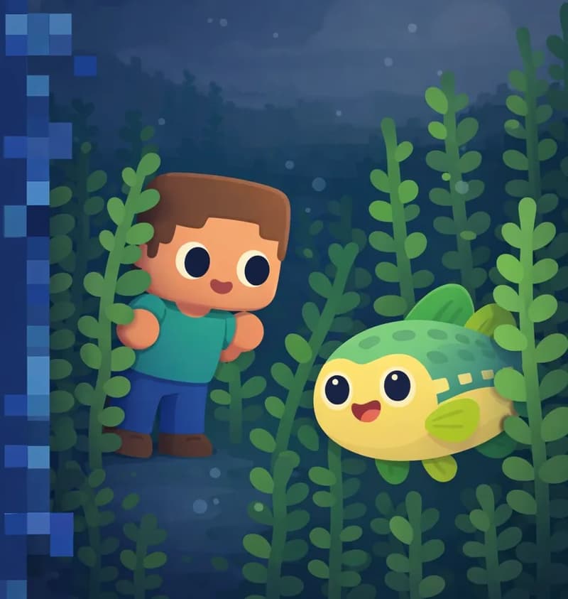 On the right side of the image, an underwater scene shows a dense field of tall green kelp stretching across the ocean floor, with murky, dim water and a dark overcast sky visible above the surface. Cod is partially hidden among the kelp on the right, peeking out with its round chubby body, pale yellow underbelly, green-and-teal patterned back, and large round black eyes visible between the fronds. Steve is visible near the center-right, cautiously peering into the kelp with a careful, focused expression. He has a large square head, short brown hair, light peach skin, and wears a teal/cyan short-sleeve t-shirt, blue pants, and dark brown shoes. The left side of the image is occupied by a dark blue text overlay area with a pixelated border.