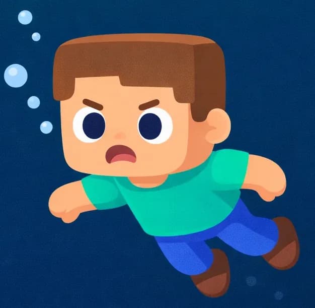 On the left side of the image, a sandy sandbar sits in dark, murky underwater waters, empty and still. The scene is dimly lit, set in deep water at night or in dark ocean depths. Small disturbed sand particles float near the sandbar, suggesting something was recently here but has left. Steve swims nearby on the right side, facing toward the viewer with a frustrated, searching expression, looking around the empty sandbar. He has a large square head, short brown hair, light peach skin, and wears a teal/cyan short-sleeve t-shirt, blue pants, and dark brown shoes. The right side of the image has open dark water suitable for text overlay.