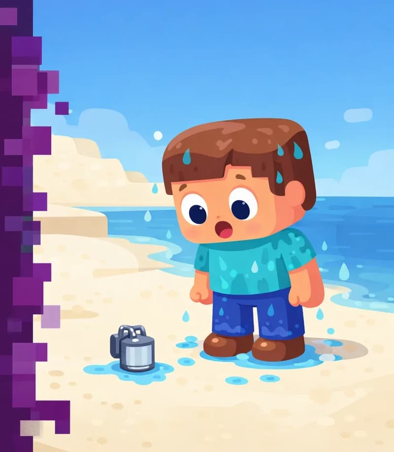On the right side of the image, Steve stands on a sandy shore, dripping wet, looking down with a curious, surprised expression at a small mysterious object sitting on the ground in front of him. He has a large square head, short brown hair, light peach skin, large round dark-blue eyes, and wears a teal/cyan short-sleeve t-shirt, blue pants, and dark brown shoes — all visibly damp from being in the sea. The scene is an outdoor coastal beach setting in bright daylight, with calm dark water visible in the background. The left side of the image contains a dark purple text overlay area with a pixelated border.