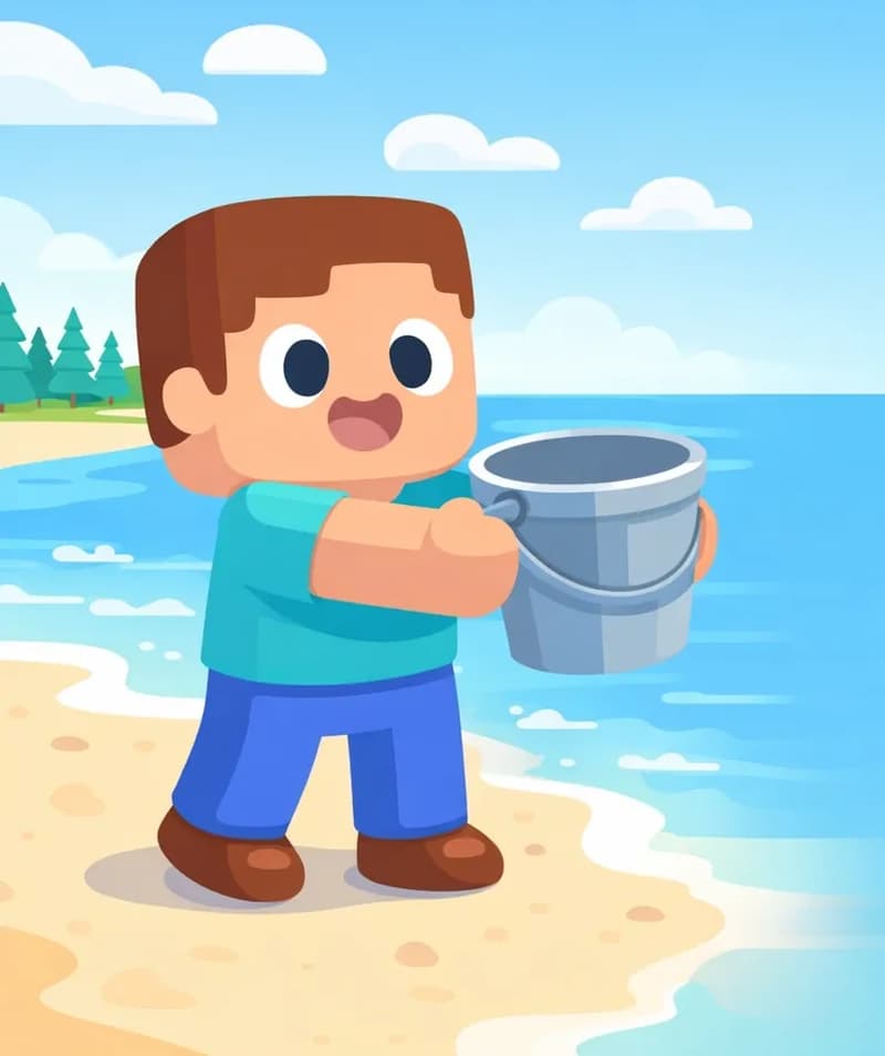 On the left side of the image, Steve stands on a sandy beach at the water's edge, facing toward the viewer at a three-quarter angle with a determined, excited expression, holding a gray bucket out in front of him. He has a large square head, short brown hair, light peach skin, large round dark-blue eyes, and wears a teal/cyan short-sleeve t-shirt, blue pants, and dark brown shoes. The outdoor scene shows a bright daytime sky with scattered clouds, a calm ocean in the background with gentle waves lapping at the shore, and a tree line of evergreen trees along the distant shore. The right side of the image has open sky and ocean suitable for text overlay.